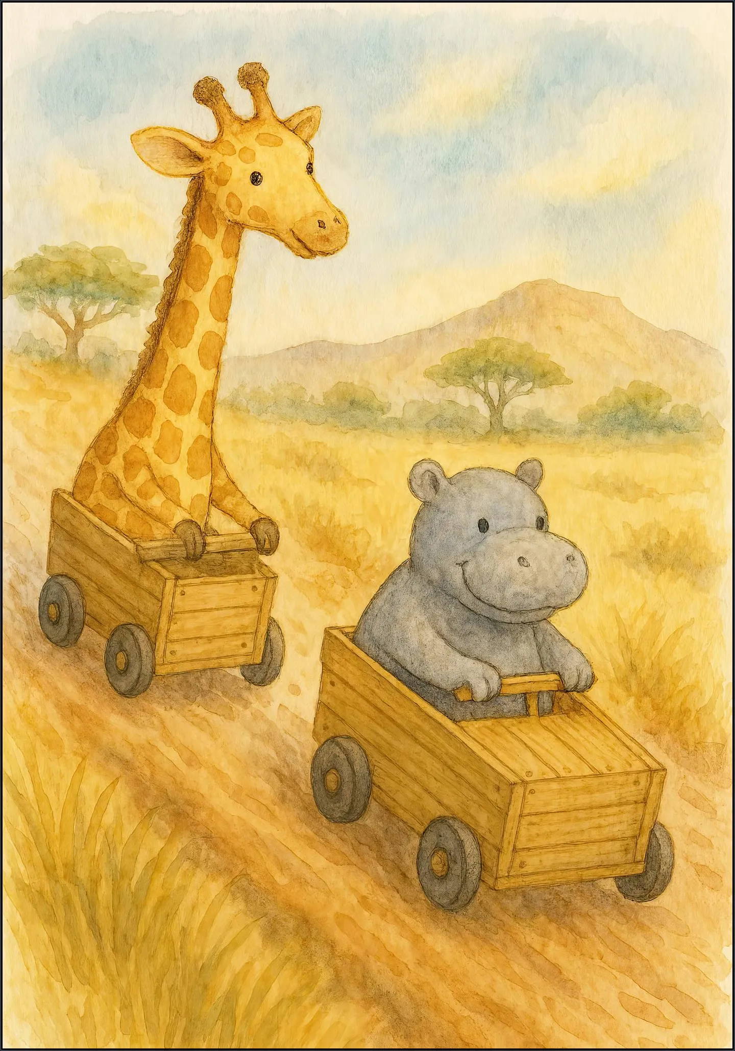 Giraffe and Hippopotamus Having a Soapbox Race