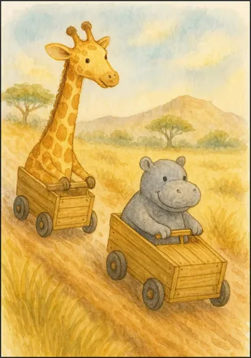 Giraffe and Hippopotamus Having a Soapbox Race
