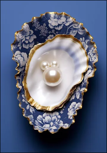 Delft Blue Flower Pattern Oyster with Gold and Pearls