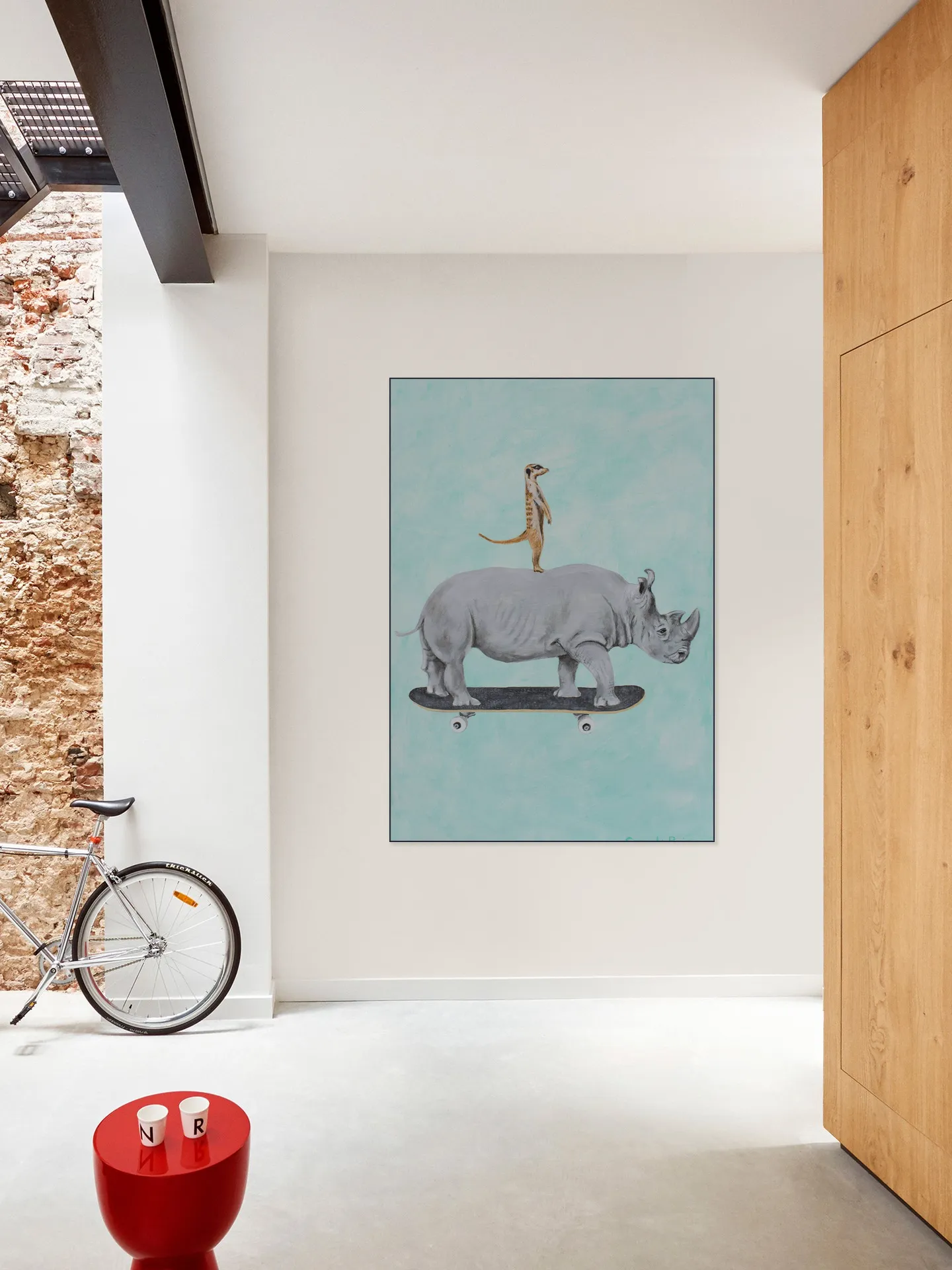 Rhinoceros and meerkat skateboarding