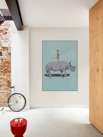 Rhinoceros and meerkat skateboarding