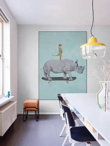 Rhinoceros and meerkat skateboarding