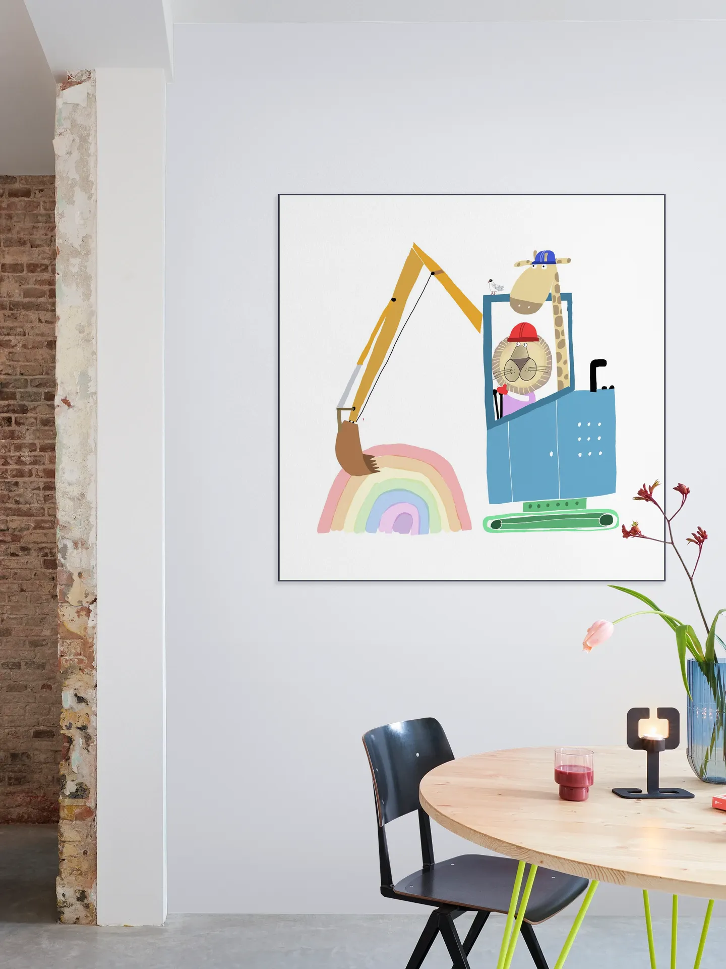 Lion and Giraffe Construction Wokers with Rainbow