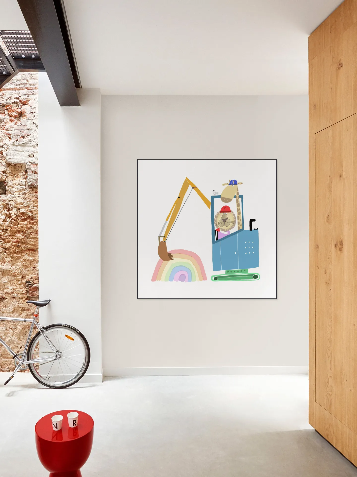 Lion and Giraffe Construction Wokers with Rainbow