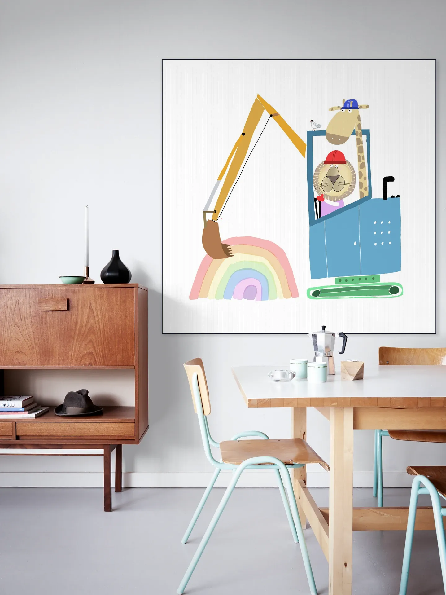 Lion and Giraffe Construction Wokers with Rainbow