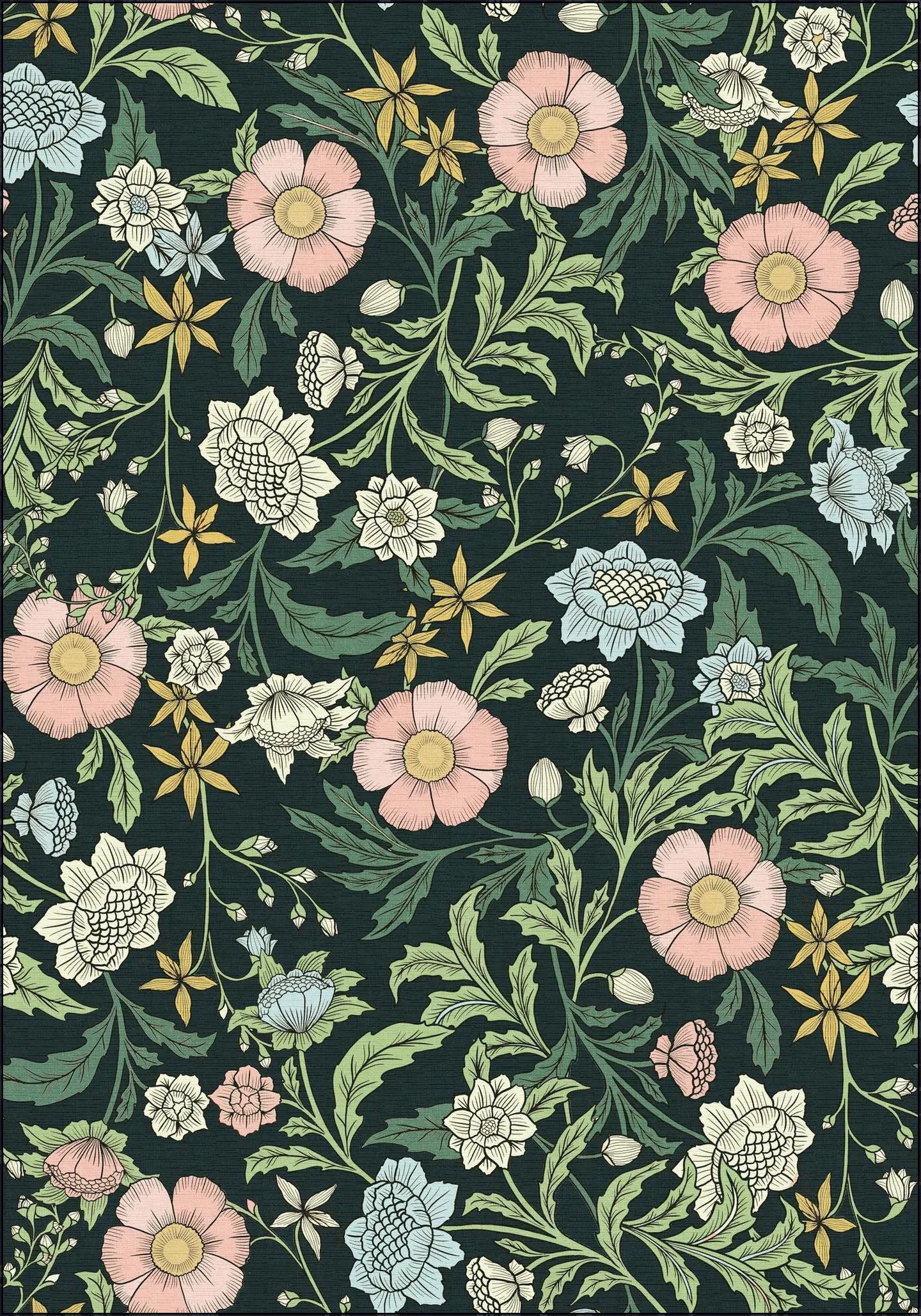 Morris trailing floral foliage - dark green, pink