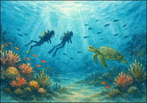Duikers en Zeeschildpad bij het Koraalrif