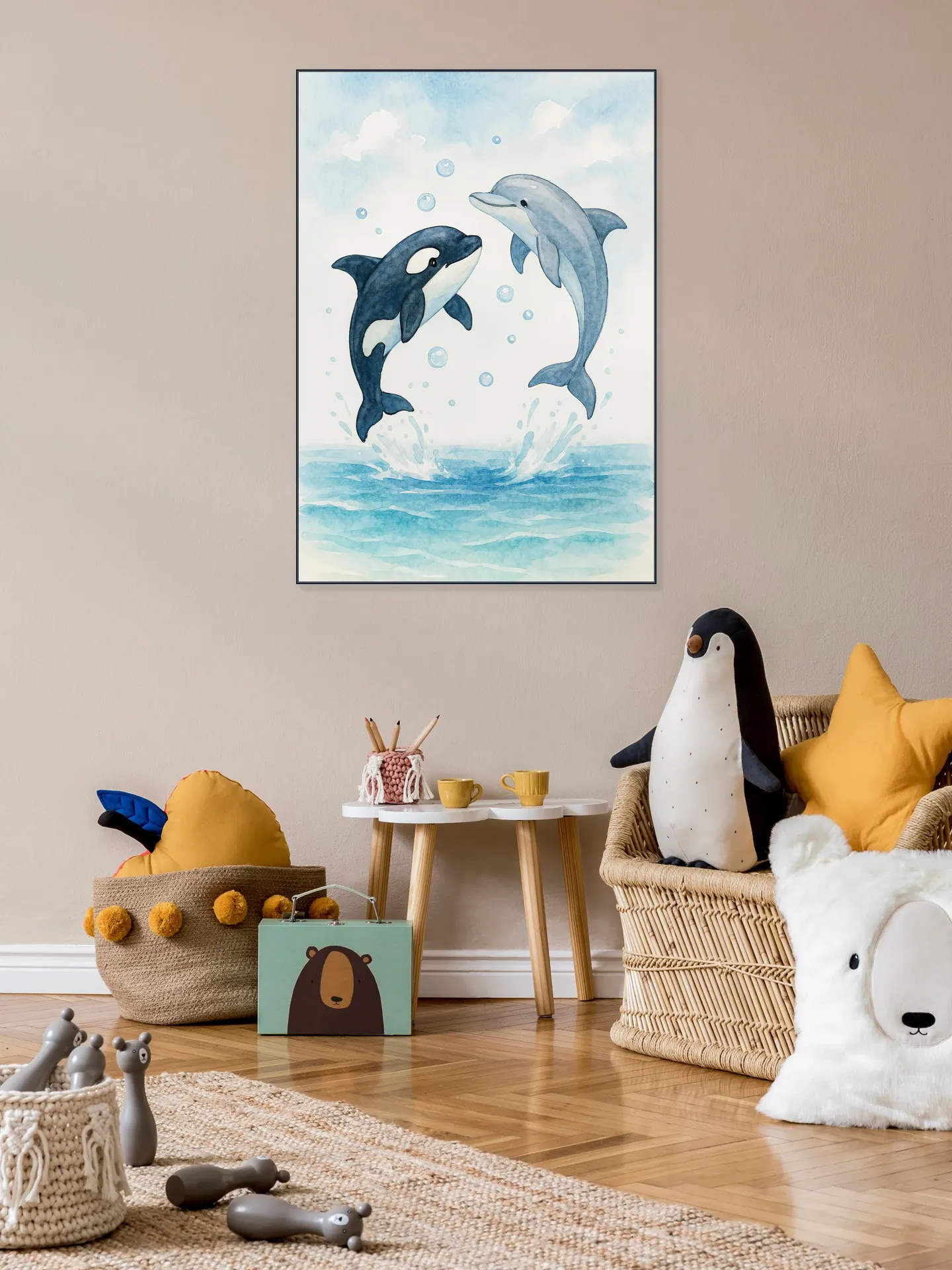 Dolphin and Orca Playing Together in the Sea