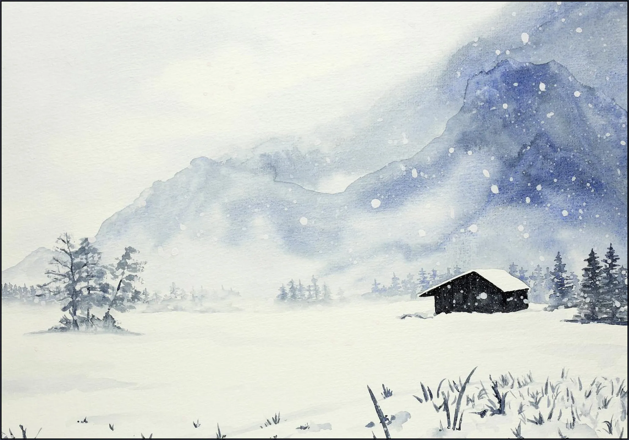 Snowfall at the Remote Wooden Cabin