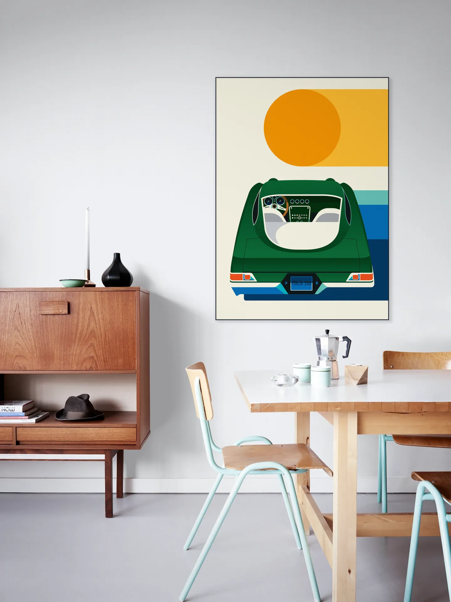 Green Vintage Car with Sun