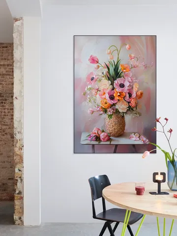 Romantic Pastel Floral Still Life Painting with Flowers in Pineapple Vase