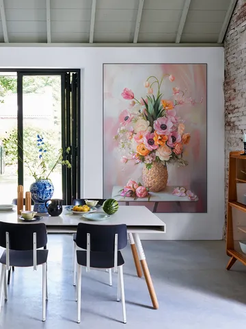 Romantic Pastel Floral Still Life Painting with Flowers in Pineapple Vase