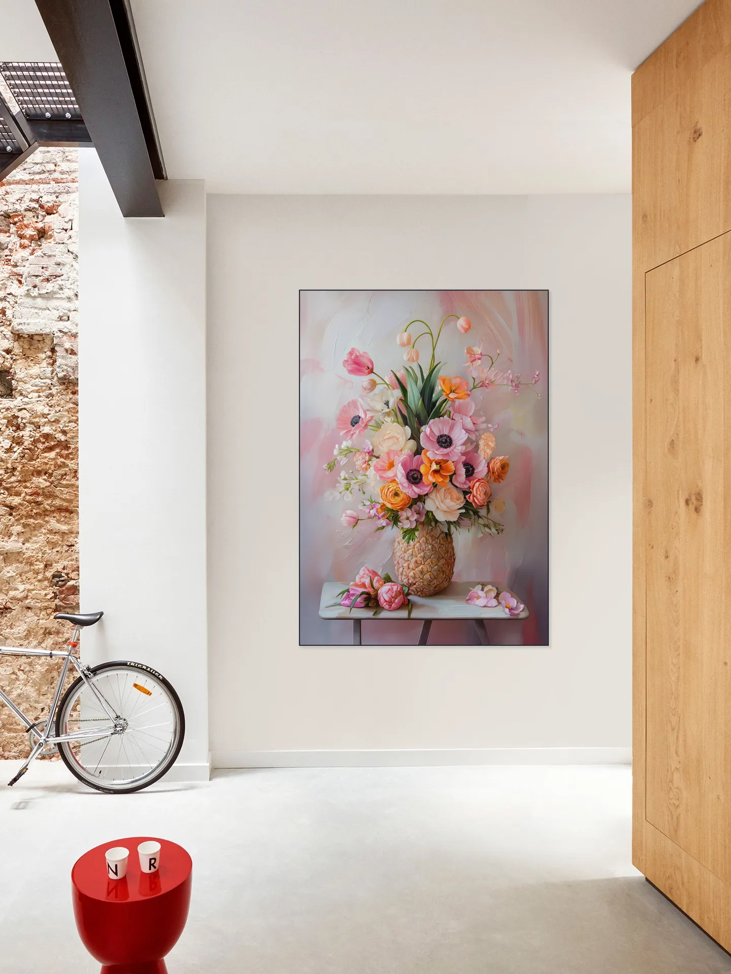 Romantic Pastel Floral Still Life Painting with Flowers in Pineapple Vase