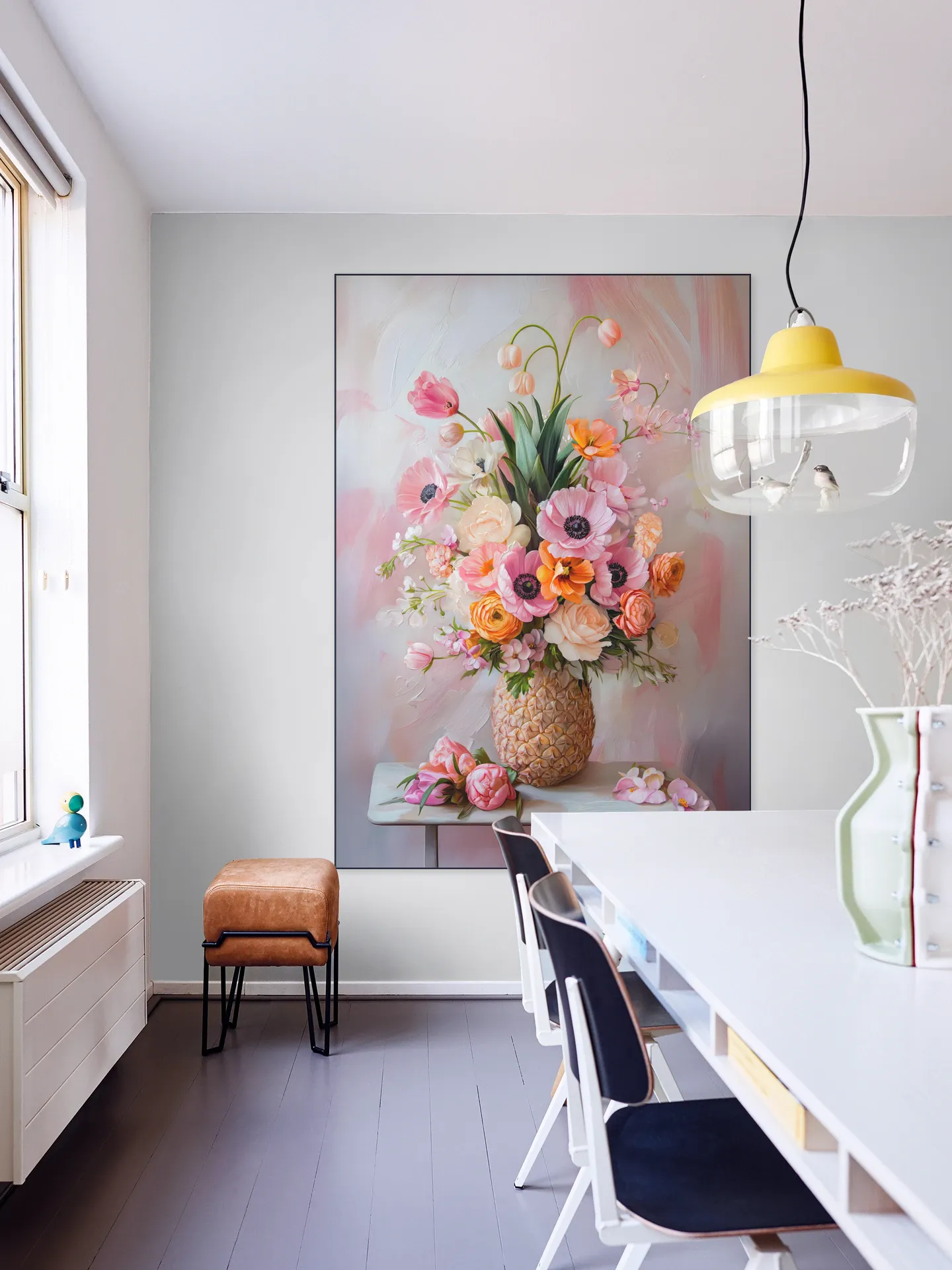 Romantic Pastel Floral Still Life Painting with Flowers in Pineapple Vase