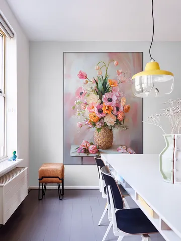 Romantic Pastel Floral Still Life Painting with Flowers in Pineapple Vase