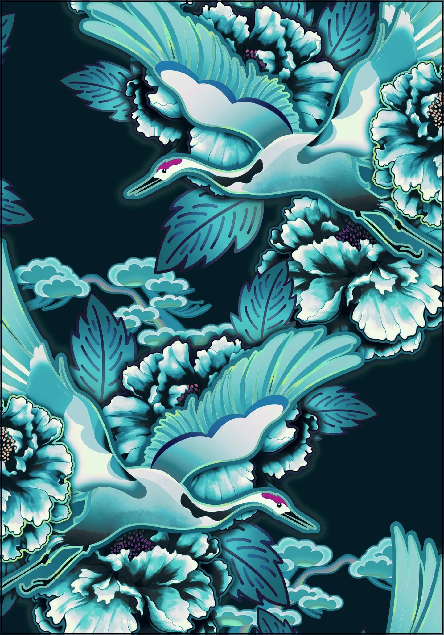 Crane Bird Pattern Cloudy Petrol
