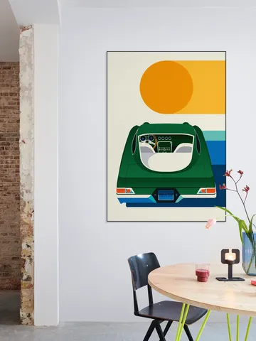 Green Vintage Car with Sun