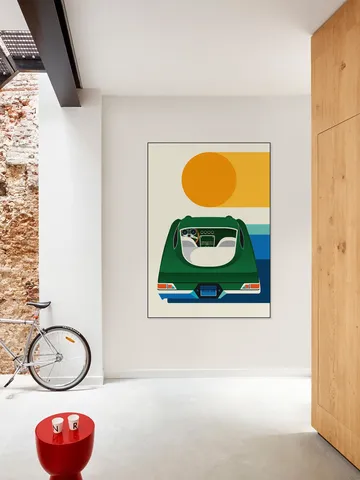 Green Vintage Car with Sun