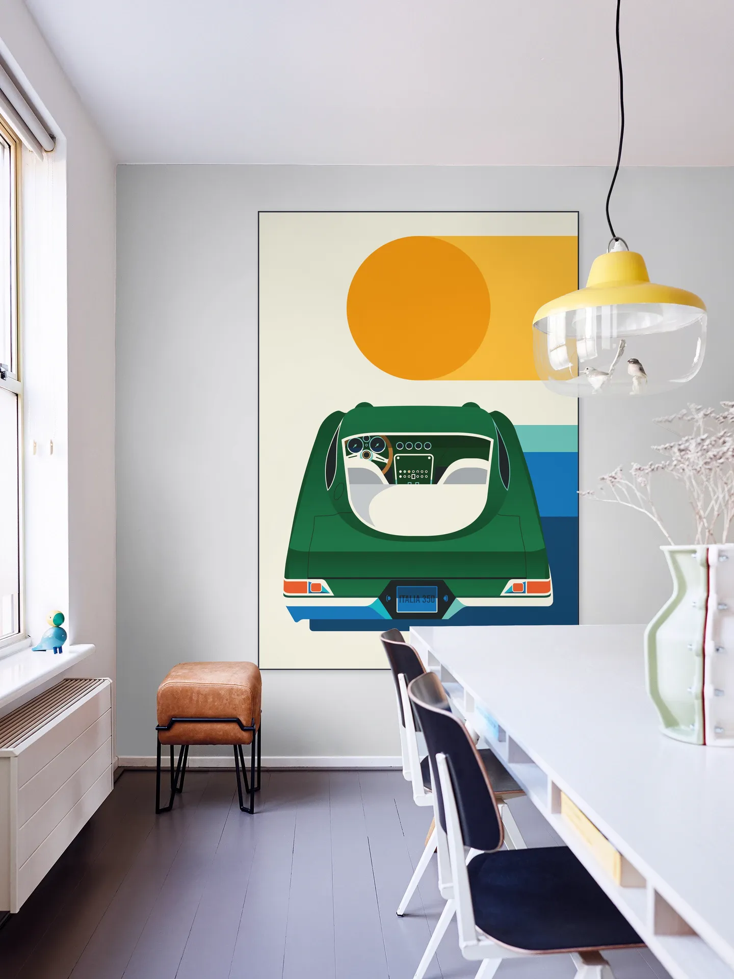 Green Vintage Car with Sun