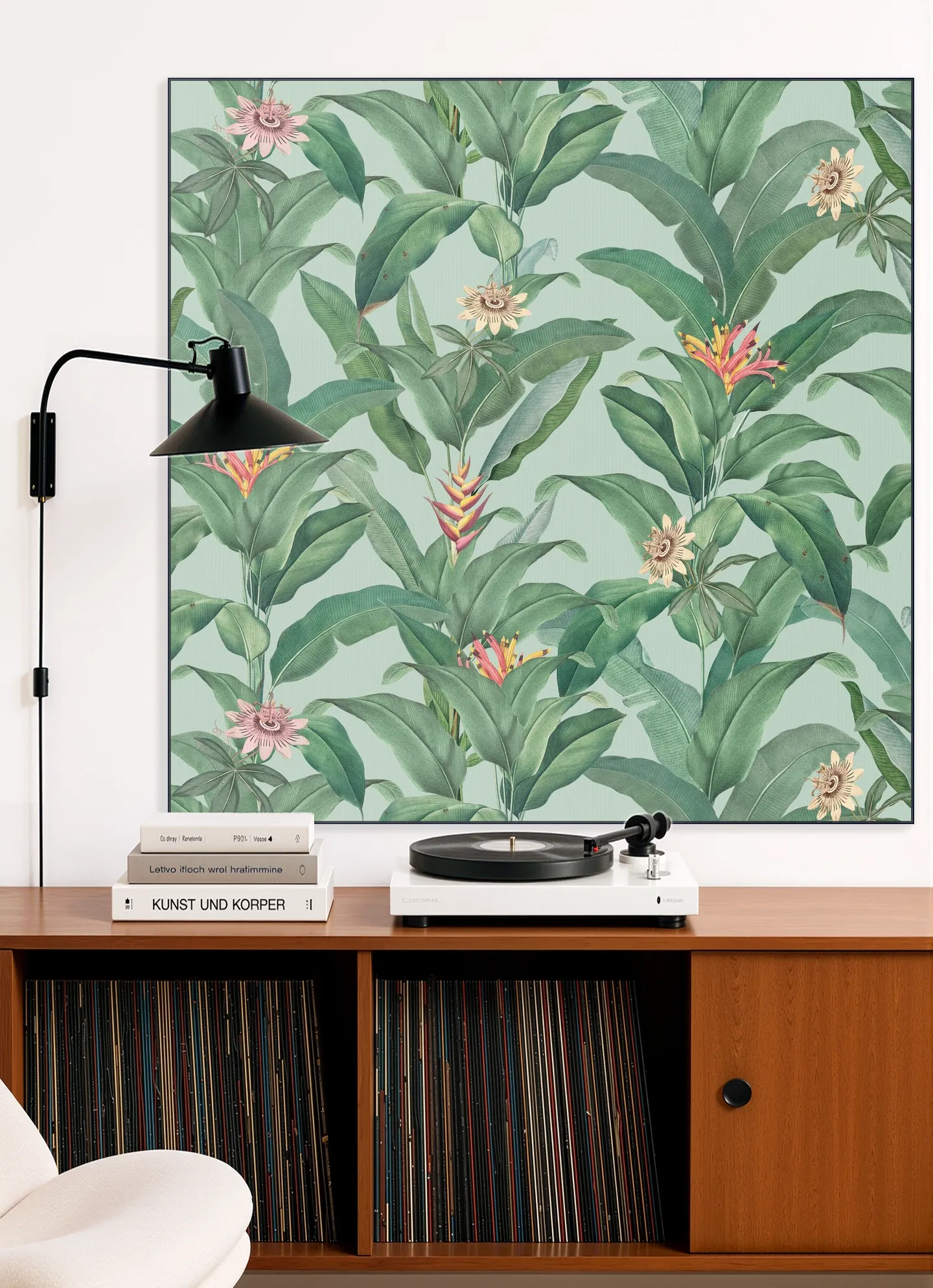 Tropical Jungle Climbing Leaves and passiflora flowers - mint
