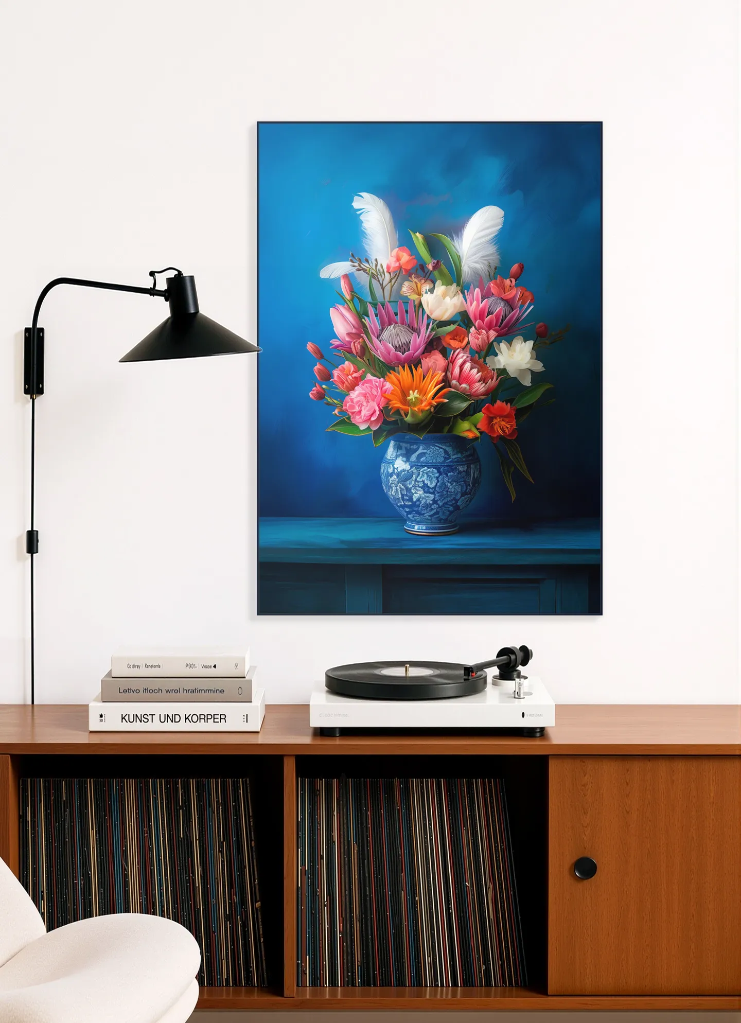 Delft Blue Floral Still Life with Colorful Flowers and White Feathers