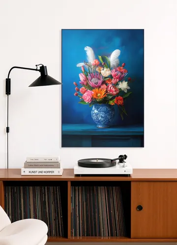 Delft Blue Floral Still Life with Colorful Flowers and White Feathers