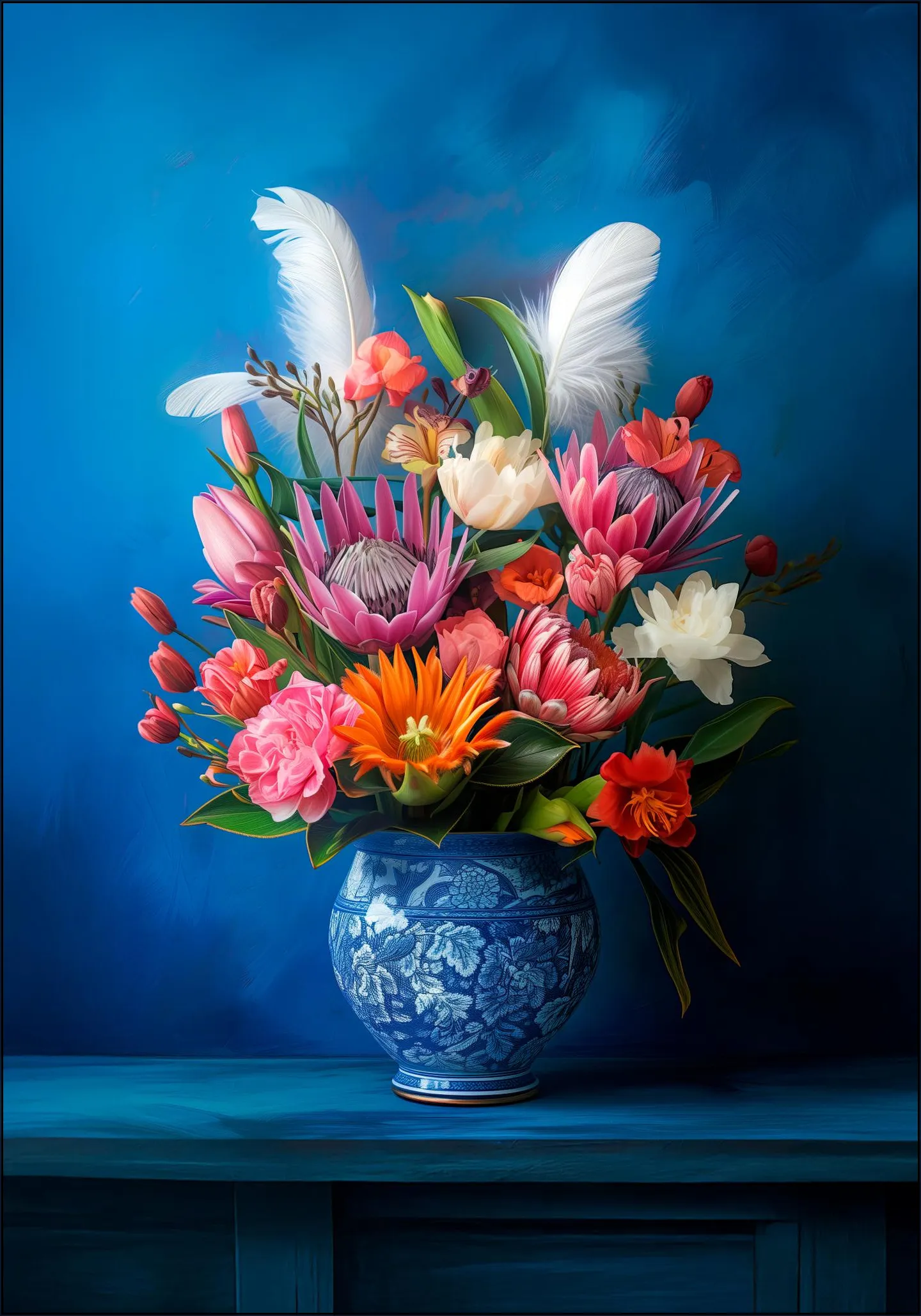 Delft Blue Floral Still Life with Colorful Flowers and White Feathers