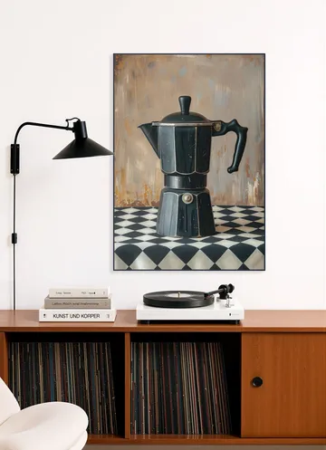 Black Coffee Percolator on Checkered Tablecloth