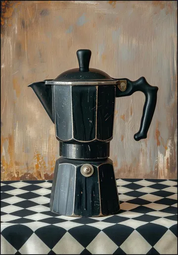 Black Coffee Percolator on Checkered Tablecloth