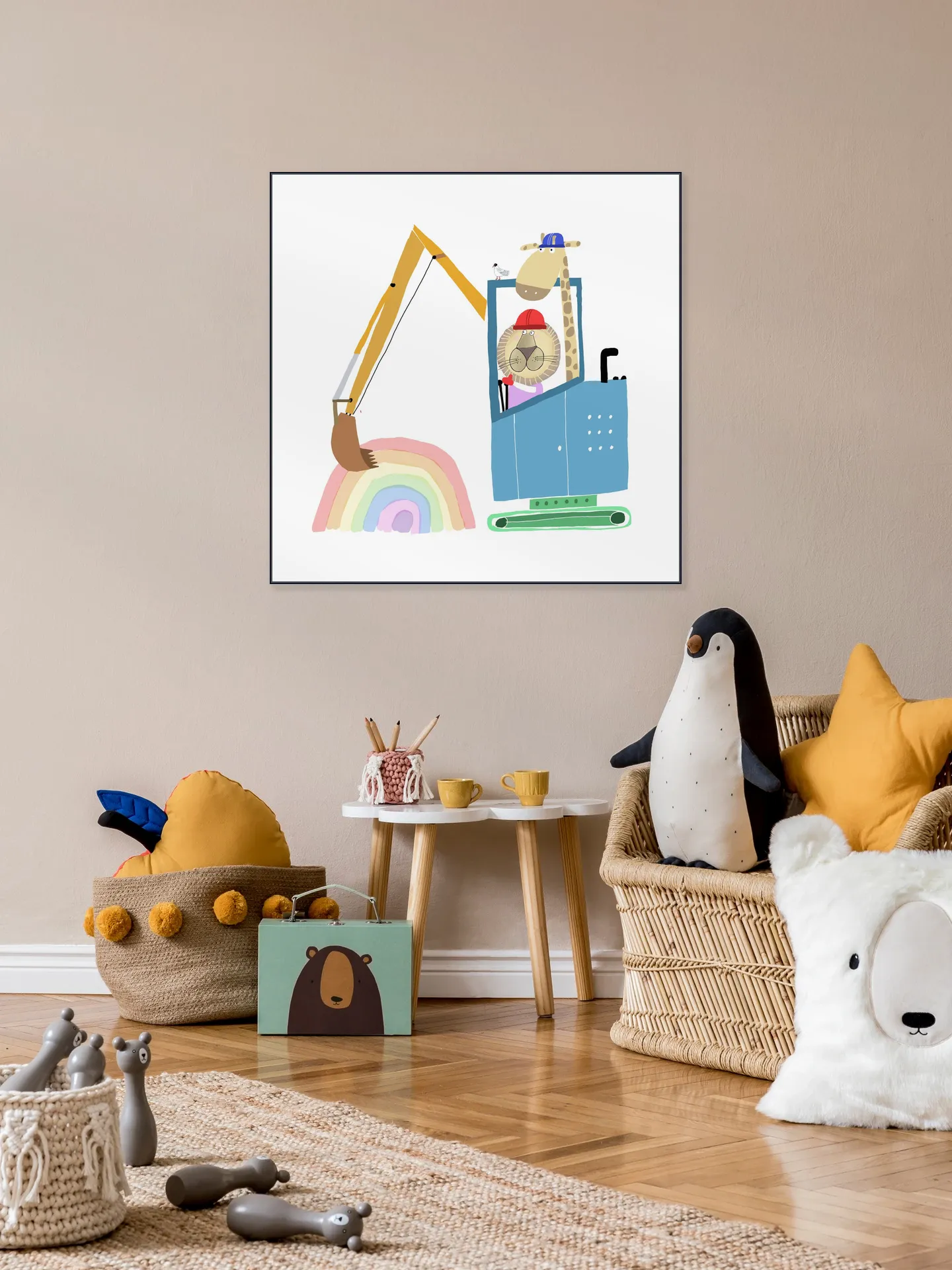 Lion and Giraffe Construction Wokers with Rainbow