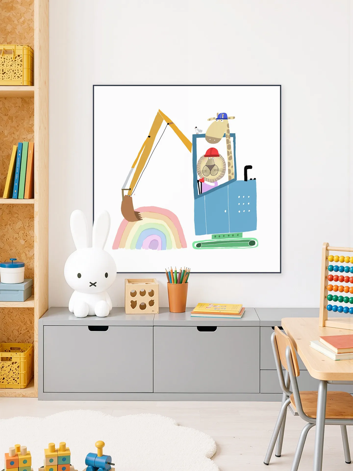 Lion and Giraffe Construction Wokers with Rainbow