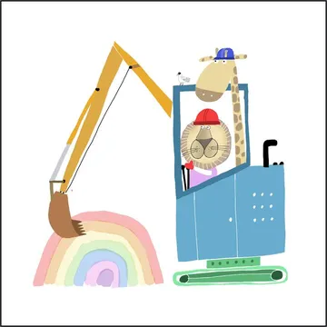 Lion and Giraffe Construction Wokers with Rainbow