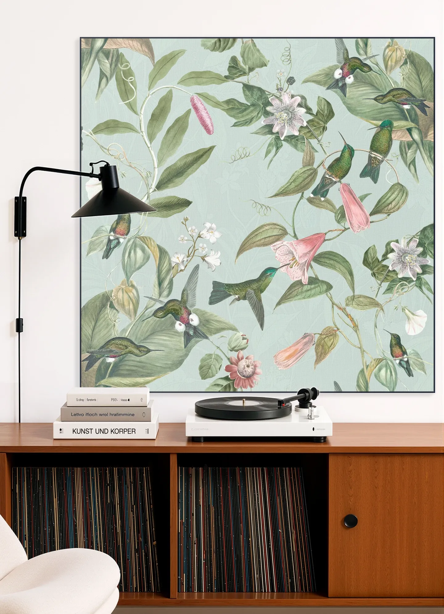 Birds & Passiflora paradise garden - soft teal