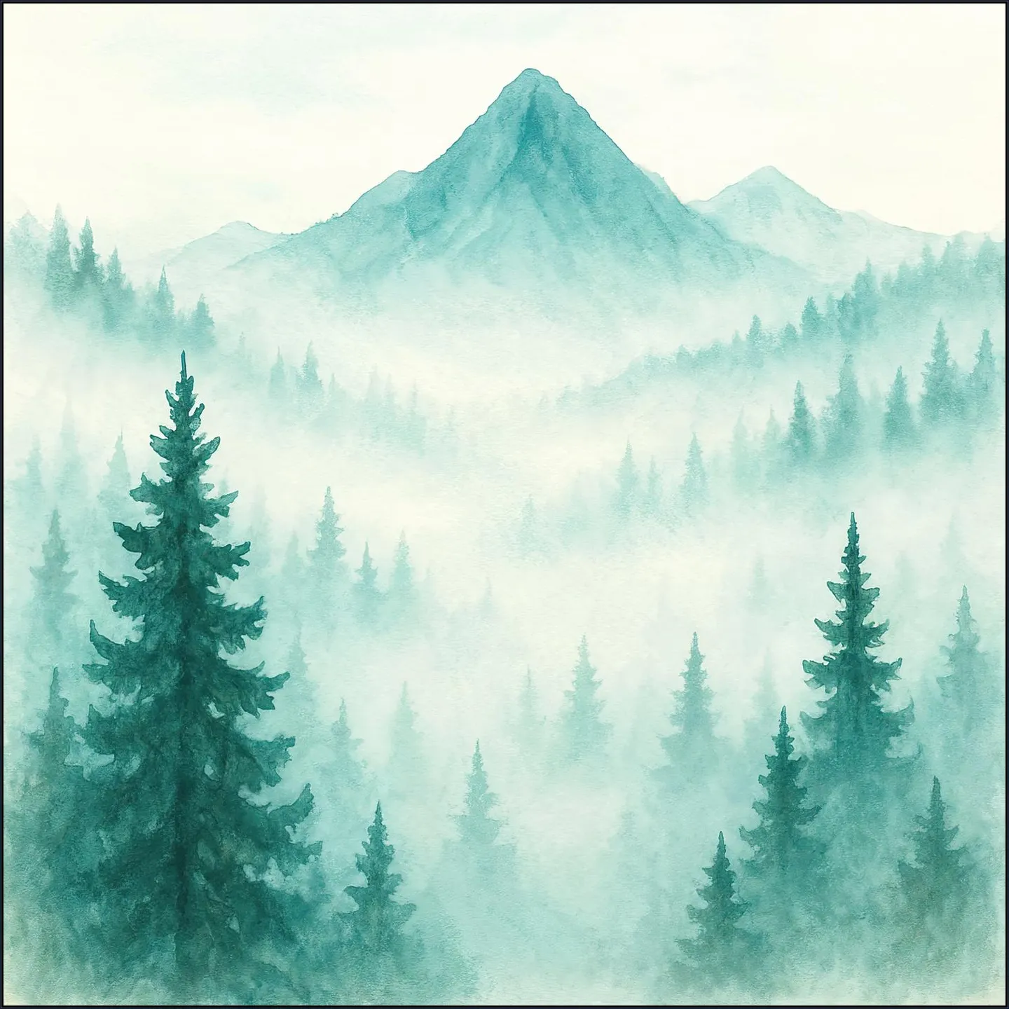 Pine Forest and Mountains in the Morning Mist