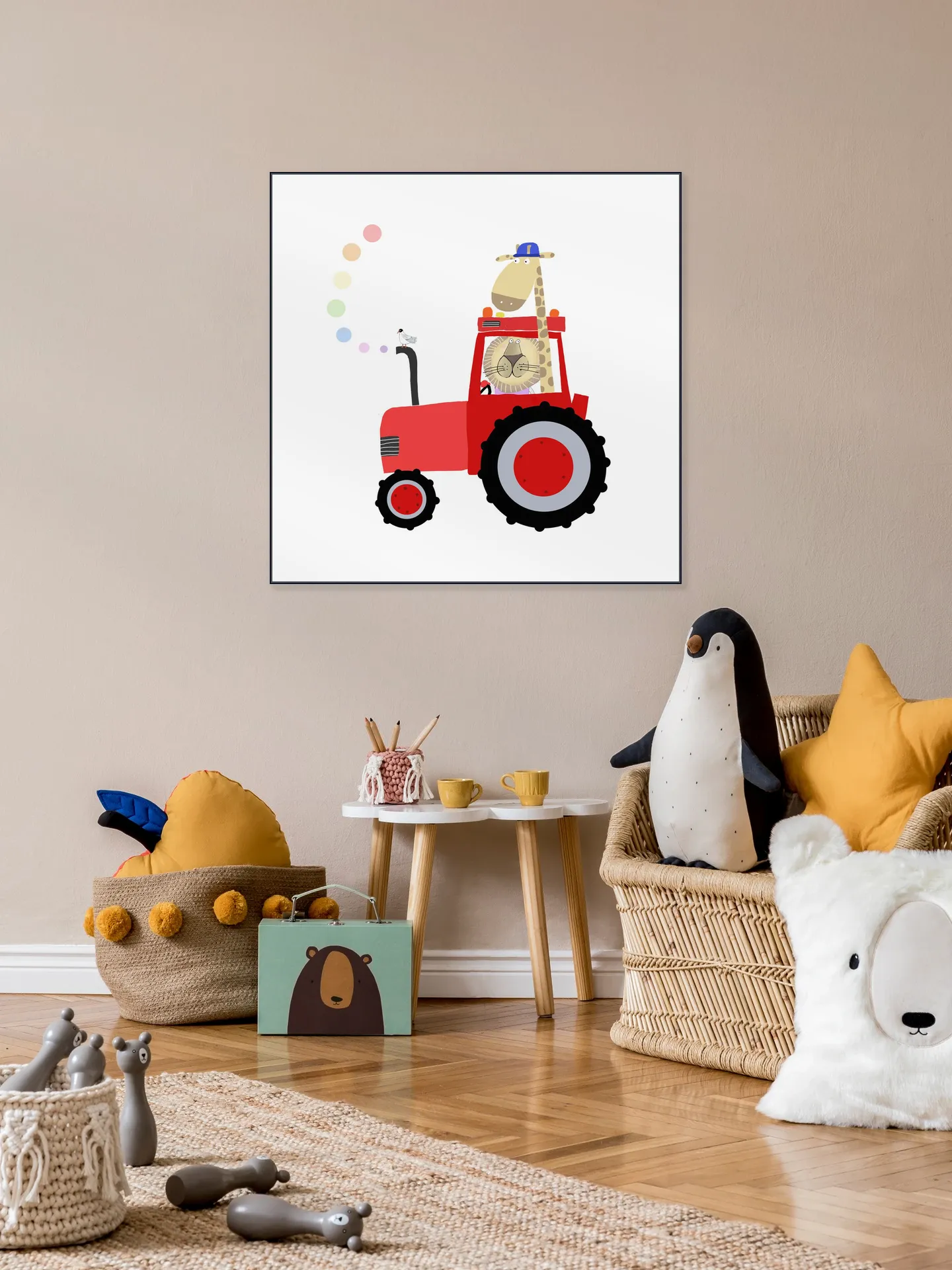 Giraffe and Lion in Red Tractor with Rainbow Spots