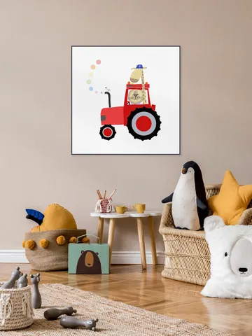 Giraffe and Lion in Red Tractor with Rainbow Spots