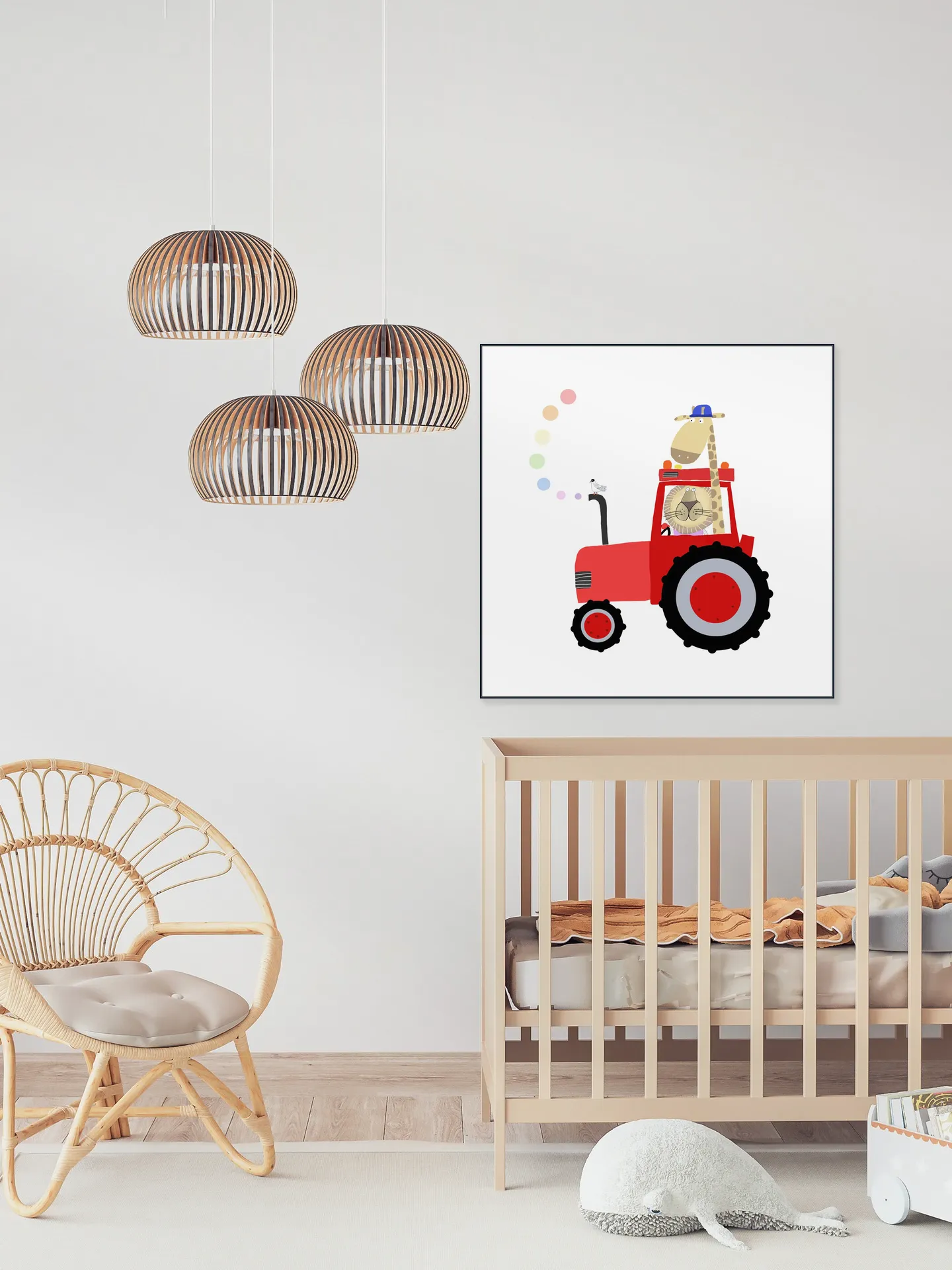 Giraffe and Lion in Red Tractor with Rainbow Spots