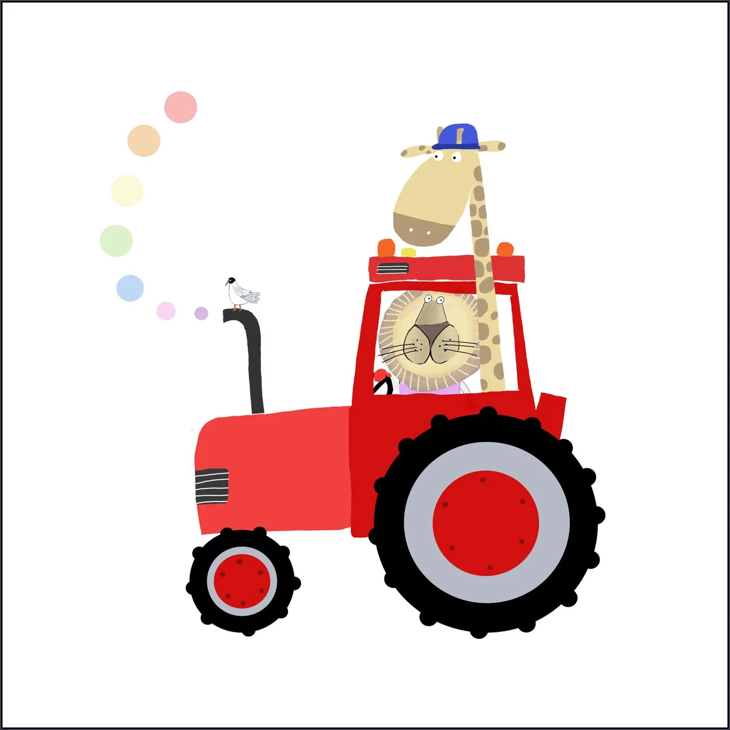 Giraffe and Lion in Red Tractor with Rainbow Spots