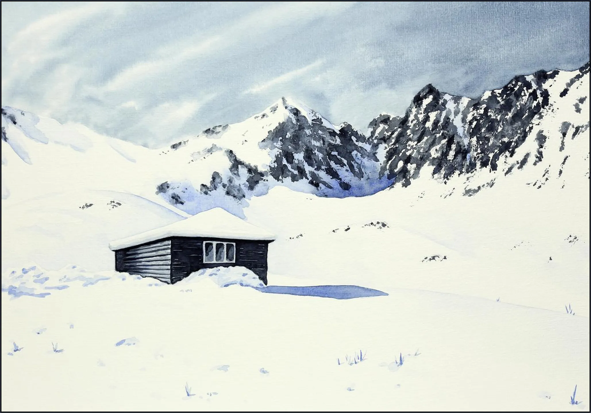 Wooden Cabin with Snow