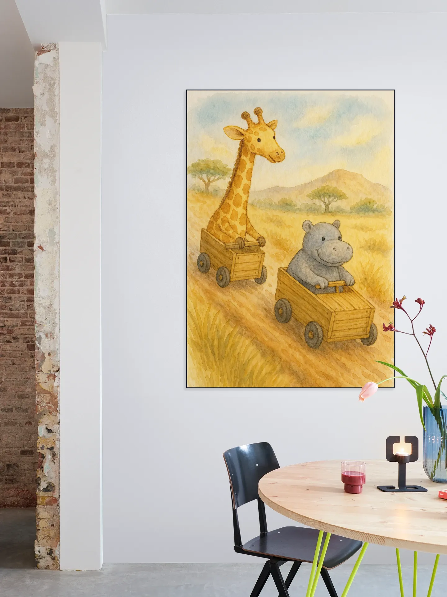 Giraffe and Hippopotamus Having a Soapbox Race