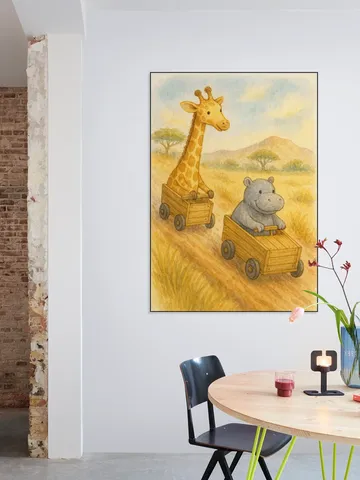 Giraffe and Hippopotamus Having a Soapbox Race