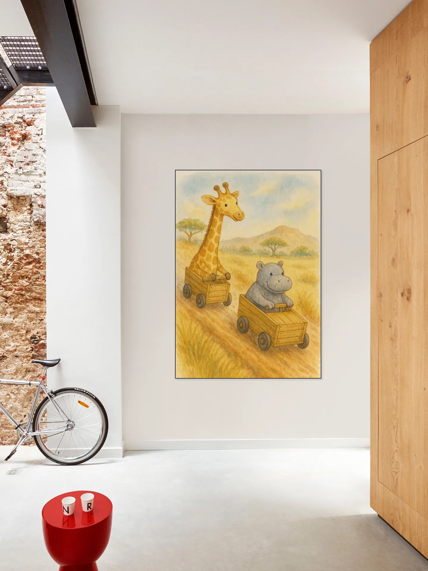 Giraffe and Hippopotamus Having a Soapbox Race
