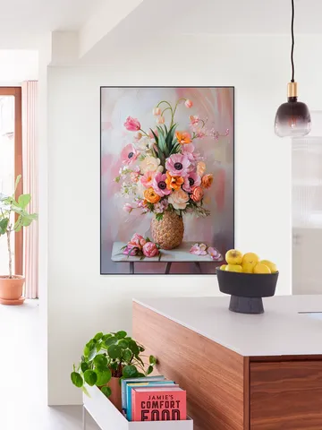 Romantic Pastel Floral Still Life Painting with Flowers in Pineapple Vase