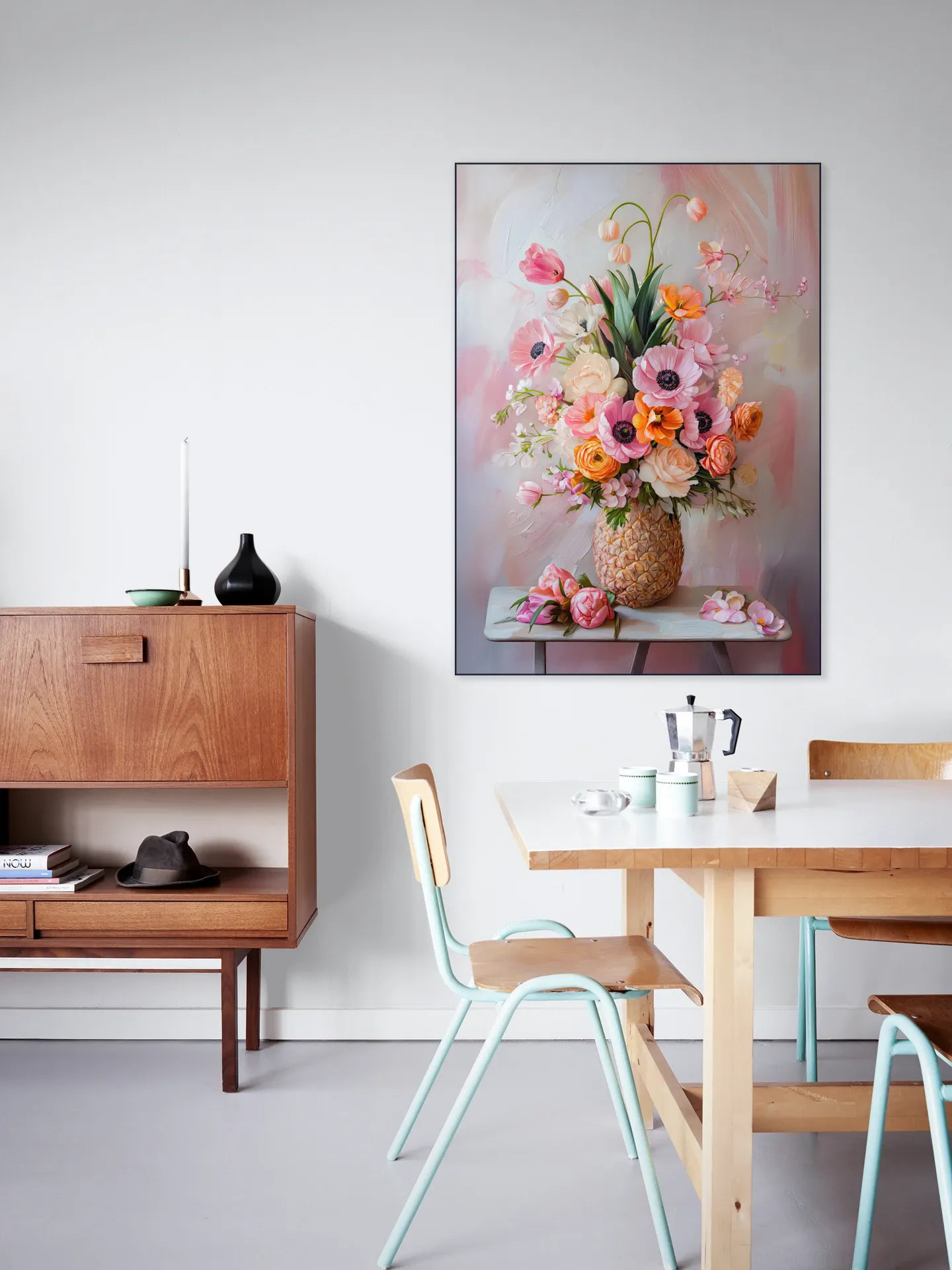 Romantic Pastel Floral Still Life Painting with Flowers in Pineapple Vase