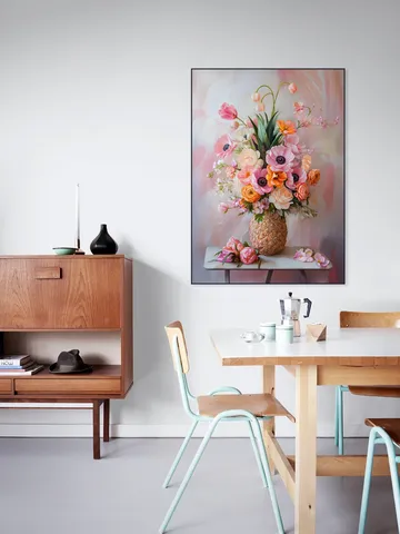 Romantic Pastel Floral Still Life Painting with Flowers in Pineapple Vase