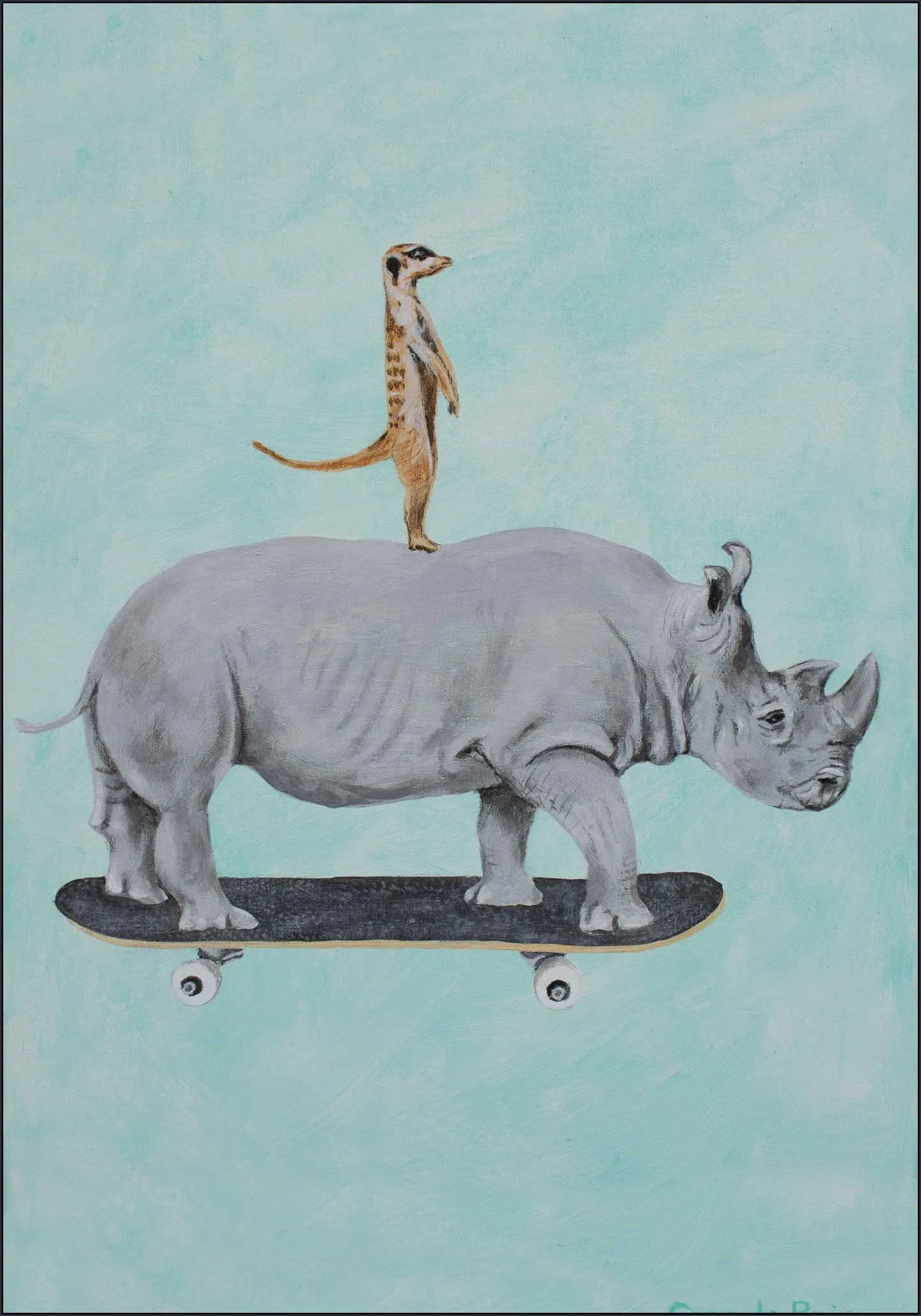 Rhinoceros and meerkat skateboarding