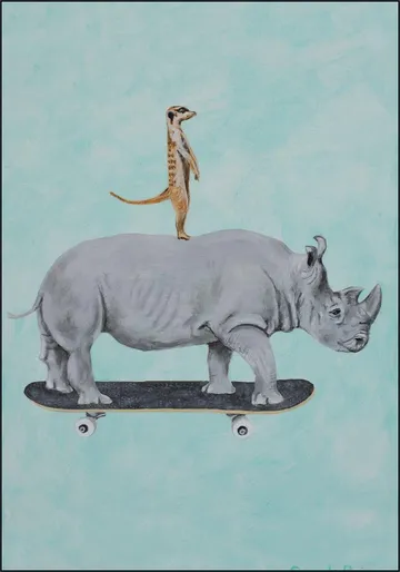 Rhinoceros and meerkat skateboarding