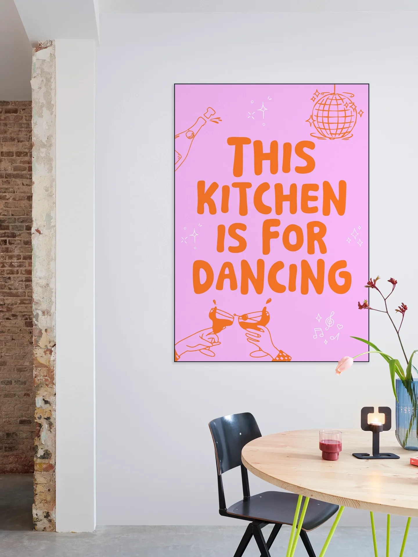 This kitchen is for dancing - pink/orange
