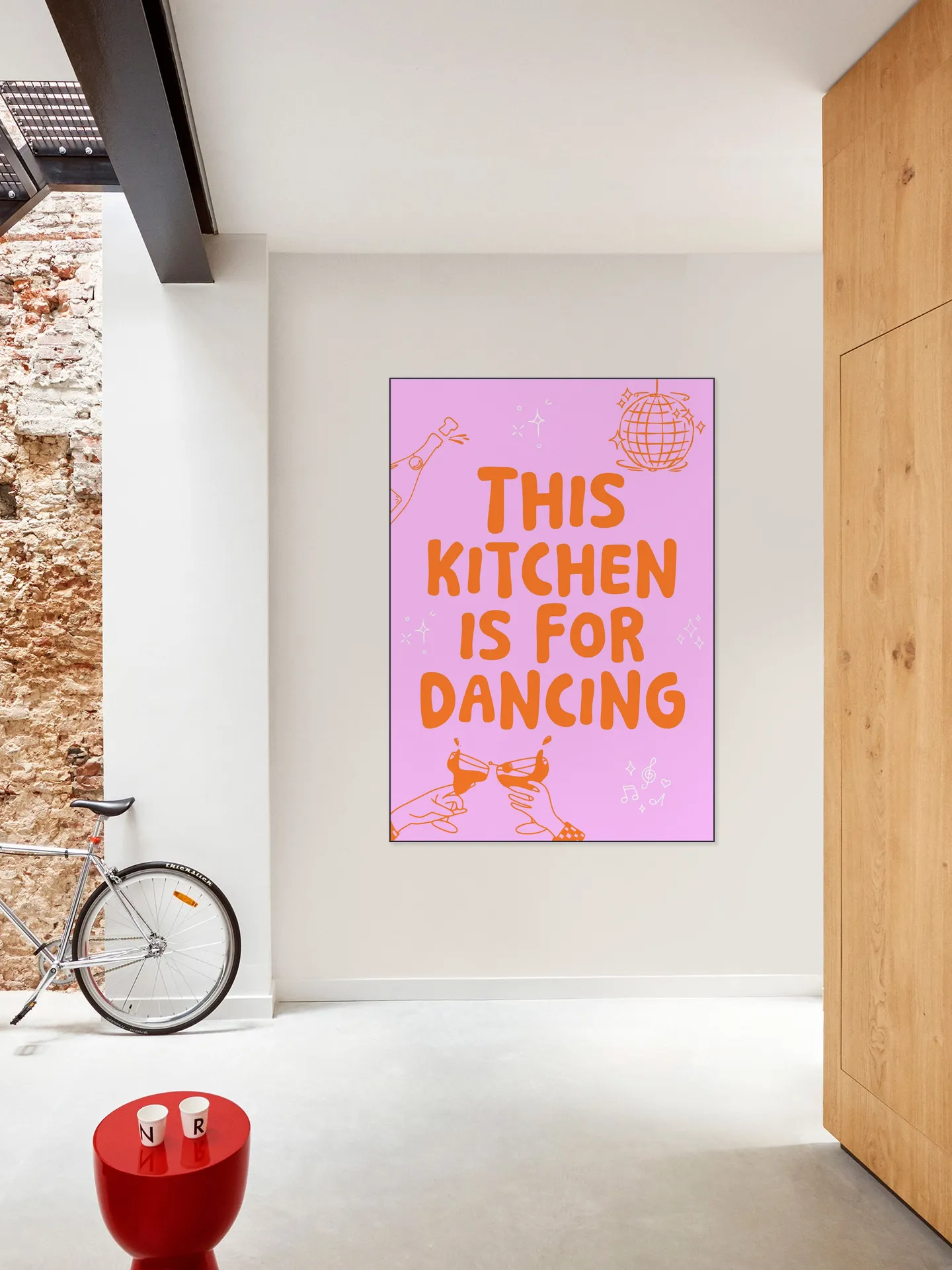 This kitchen is for dancing - pink/orange