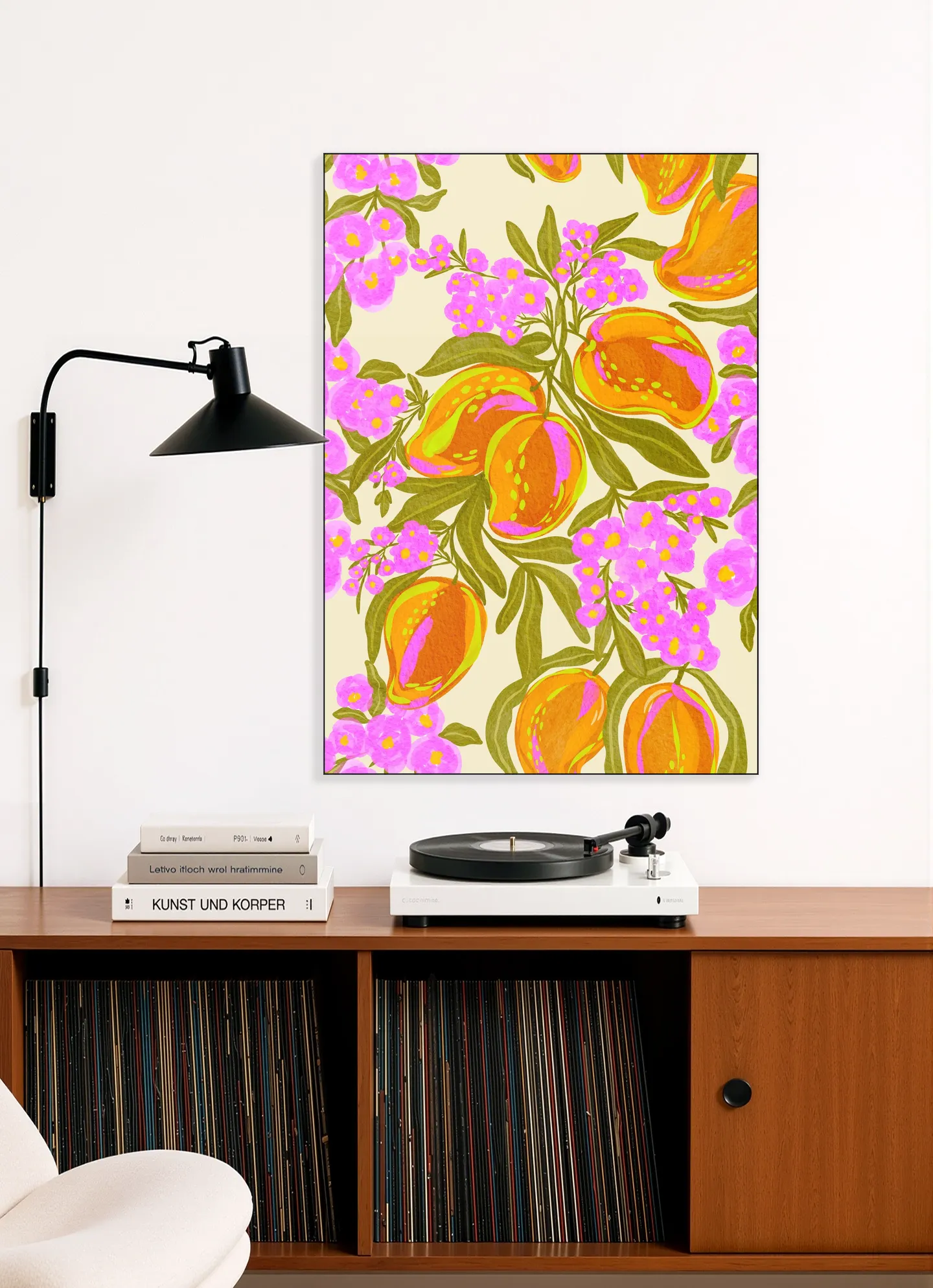 Tropical Theme With Lush Mangoes And Flowers